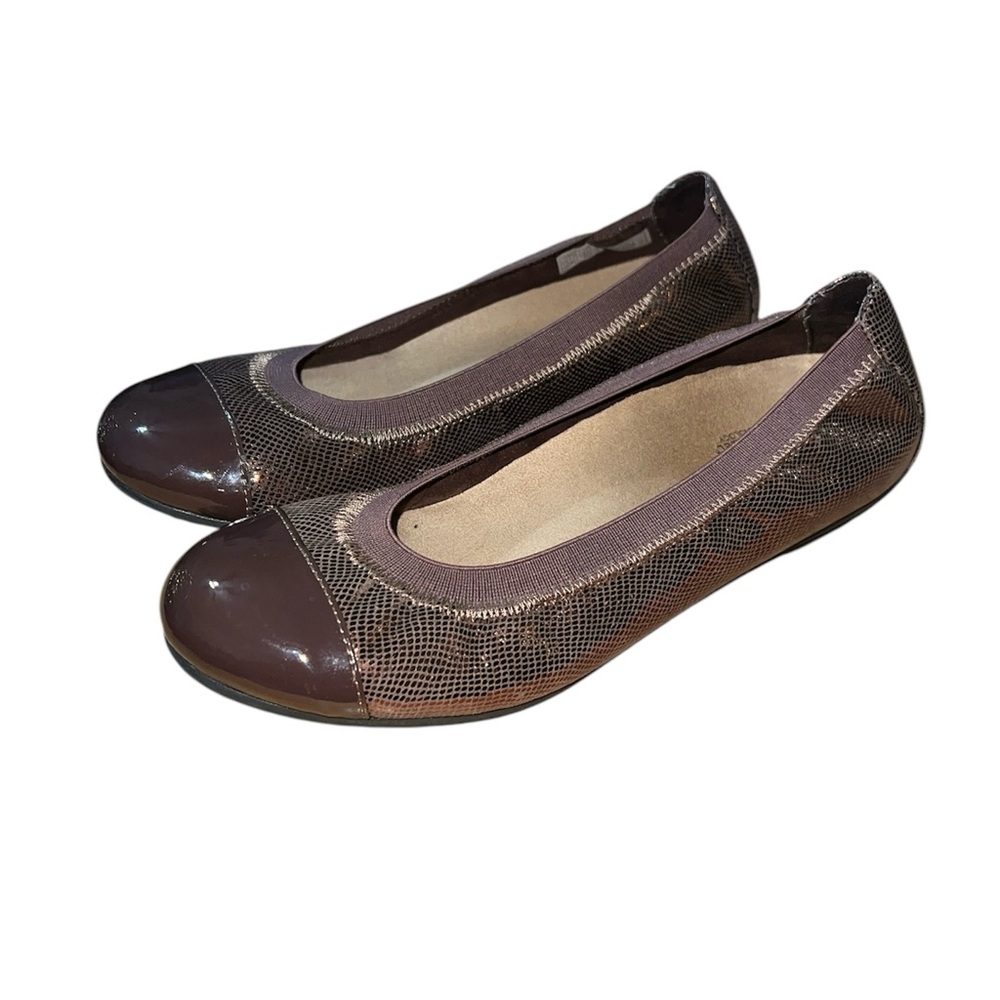 VIONIC Women’s Allora Ballet Flats Size 7.5 Bronze Snake Print Brown Tan Cap Toe